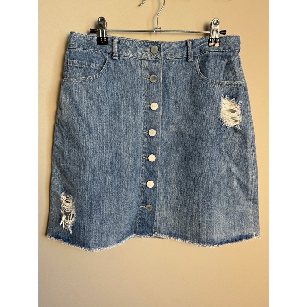 Twik Denim Button Front Distressed Mini Skirt M Blue Indie Boho Grunge 90s Vibe